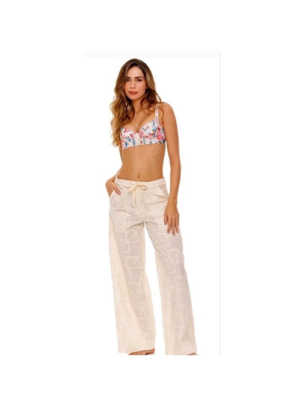NWT Agua Bendita Caroline Embroidered Wide Leg Pants in Beige M
